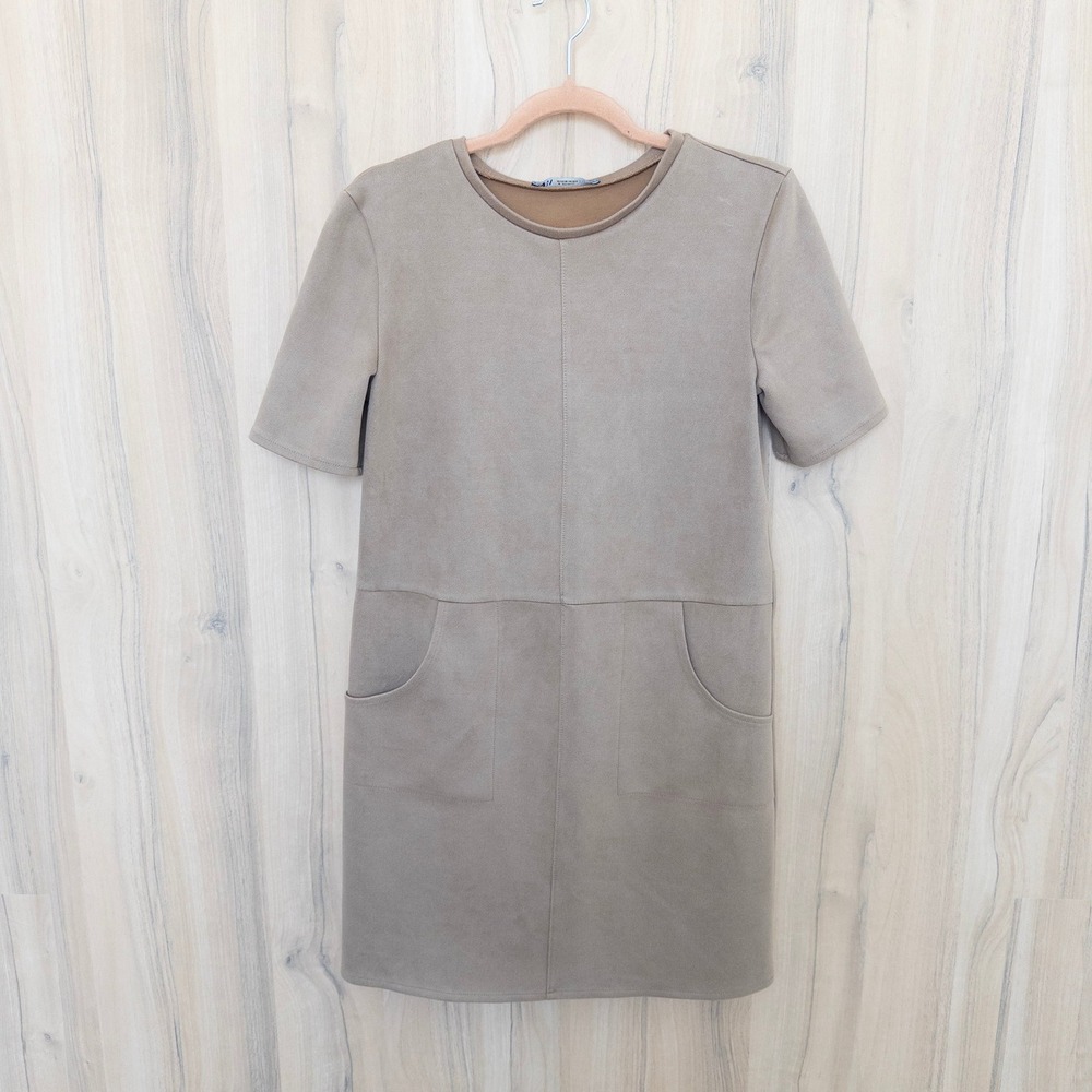 Zara Faux Suede Shift Dress Small Tan Short Sleeve‎ Minimalist Office